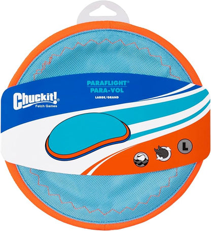 Chuckit! Paraflight Flying Disc Dog Toy - Water Floating Flyer - Durable Nylon Construction with Soft Rubber Edges - For Medium and Large Dogs - Size Large - 9.75" L x 9.75" W - Pack of 1