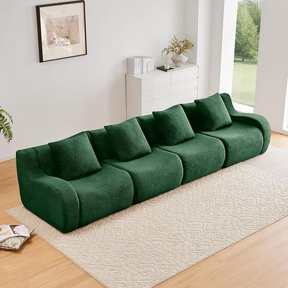 Green 4-Seater Cloud Couch, Modern Teddy Fabric Boneless Sectional Sofa in a Box for Living Room, Modular Floor Couch, Comfortable Deep Seat, No Assembly Required, Sofas para Sala