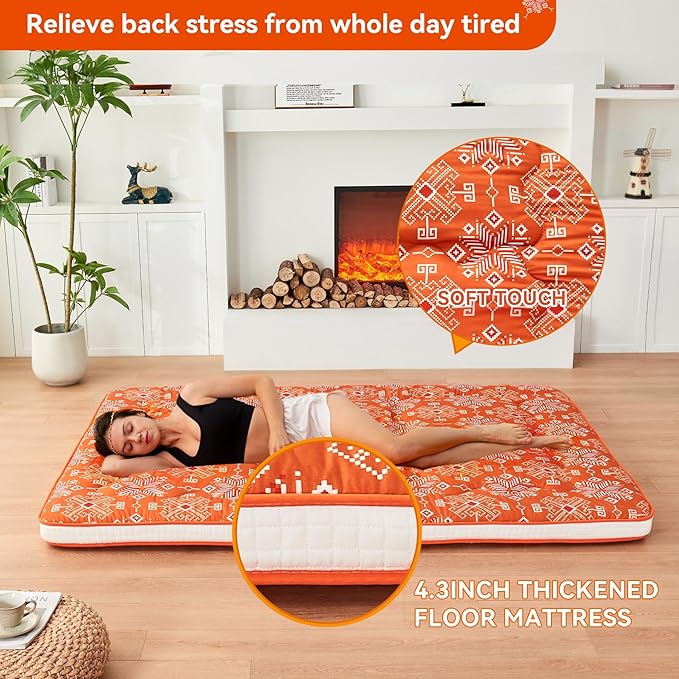 Dr.Futon Japanese Floor Futon Mattress Extra Thick Folding Roll Up Bed Topper Mat for Guest,Lounger and Tavel