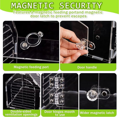 Jumping Spider Enclosure, 8.8" x 7.1" x 8.2" Acrylic Tarantula Enclosure with Feeding Hole and Magnetic Door, Reptile Terrarium Habitat for Tarantula, Spiders, Beetle, Mantis