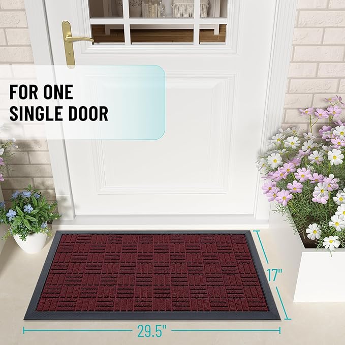OLANLY Front Door Mat Outside Entrance 29.5x17, Absorbent, Heavy Duty Sturdy Natural Rubber Doormat Indoor Outdoor, Non-Slip, Stain and Fade Resistant, Low Profile Floor Mat for Entryway, Burgundy