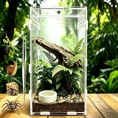 Jumping Spider Enclosure, Acrylic Terrarium with Magnetic Door & All-Side Ventilation, Easy-Clean Habitat for Spider, Tarantula, Mantis, Snail(Tweezer and Bowl Included)