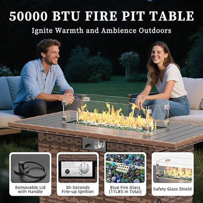 UDPATIO 5 Pieces Patio Furniture Set with Fire Pit Table, Outdoor Conversation Set with Rocking Swivel Chairs, Wicker Furniture Set with Waterproof Cover, 4'' Thickened Cushion, Khaki