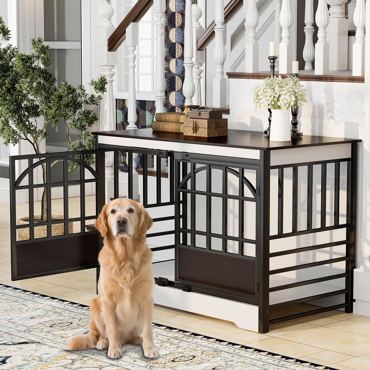 COZPAW 52 Inch Dog Crate Furniture, Extra Large Dog Kennel Indoor for XLarge Breed, Heavy Duty Dog Cage with Double Elegant Arched Doors, Decorate as TV Stand & End Table - White Brown