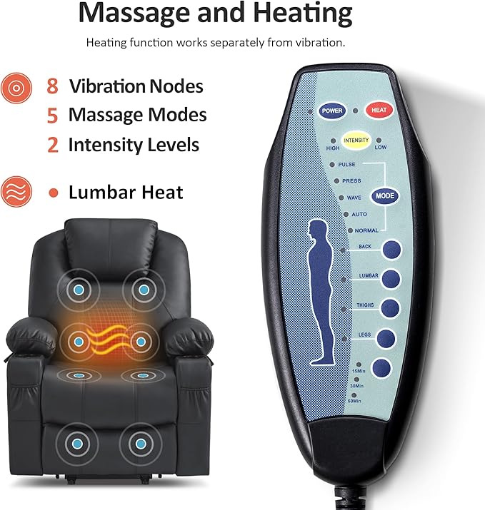 MCombo Power Lift Recliner Chair for Elderly, Lift Chair with Heat and Massage, FSC Certified, USB Ports, Cup Holders, Faux Leather 7040 (Black, Medium)