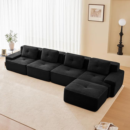 150.4'' Sectional Sofa, 32D Foam Corduroy Boneless Couch with Pillow, Deep Seat Wide Arm Sectional L Shaped Couch for Living Room, Apartment, Bedroom