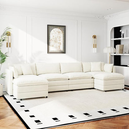 Aoowow Modular Sectional Sofa Modern Convertible U Shaped Couch,147.2 Inch Deep 4-Seater Sofas Set Comfy Chenille Cloud Sofas and Couches with Movable Ottoman for Living Room Apartment（Beige）