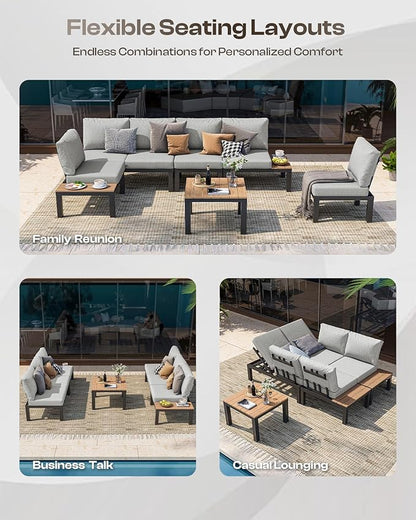 Oasbira Aluminum Modular Outdoor Patio Furniture Set, 8 Seats Sectional Sofa Set with Adjustable Backrest & Thick Cushions, All-Weather L-Shaped Corner Set with Table for Garden & Yard, Gray