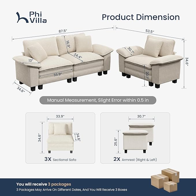 PHI VILLA Cloud Modular Couches Sets, 2 Pieces Sectional Sofa Set with Loveseat, 3-Seater Comfy Couch for Living Room Apartment, Corduroy Fabric, Beige