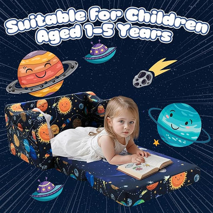 MeMoreCool Folding Kids Couch – 2-in-1 Toddler Sofa Bed & Lounge Chair | Astronaut Print | Fold-Out Design | Washable Cover | Ages 1–3
