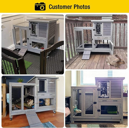 Aivituvin Rabbit Hutch Large Wooden Bunny House Guinea Pig Cages on Wheels, Two Trays, Indoor Outdoor