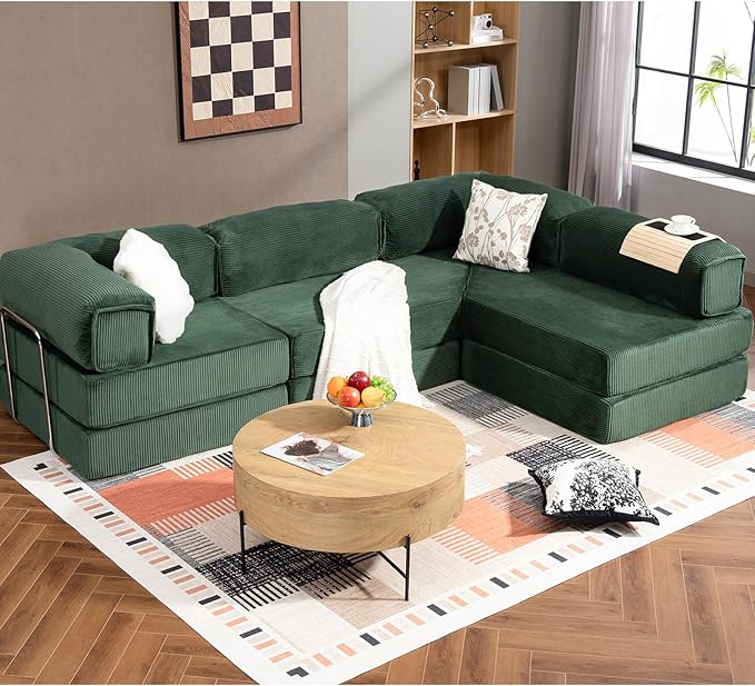 108" L Shaped Couch, Modular Sectional Sofa with Chaise, Cloud Boneless Couch with Deep Seat & Removable Pillow for Living Room, Bedroom,No Assembly Required（Dark Green）