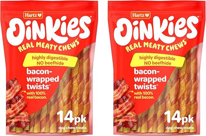 Hartz New Oinkies Bacon Wrapped Twists, Real Meaty Chews with 100% Real Bacon and No Beefhide, 28 Count
