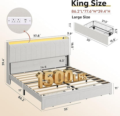 WLIVE King Size Upholstered Bed Frame with 2 Drawers, Linen Tufted Storage Headboard with Charging Ports and LED Light, Sturdy Metal & Wooden Slats Support, No Box Spring Needed, Beige