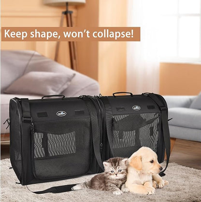 Portable 2-in-1 Pet Carrier for Medium Dogs Large Cat Carrier for 2 Cats Travel Double Dog Crate Set with Portable Carry Bag/Hammocks/Mats/Tent Stakes/2 Pcs Pet Bowls for Outdoor Camping