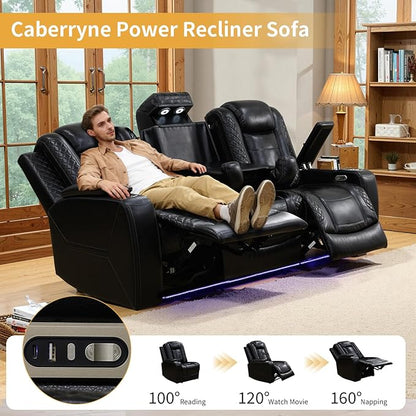 Caberryne Power Recliner Sofa with LED Lights,Leather Reclining Couch with Double Recliner/USB Port/Coffee Table/Cup Holder for House/Home Theater(3 Seater Sofa,Black)