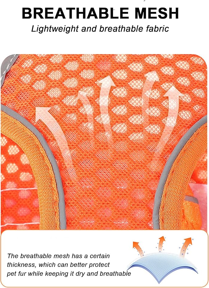 L Orange Soft Mesh Dog Harness and Leash Set,No Escape Puppy Harnesses for Training Walking， Reflective Adjustable Puppy Vest for Small Medium Dogs, Cats (Orange, L)