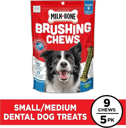 Milk-Bone Fresh Breath Brushing Chews, 9 Small/ Medium Daily Dental Dog Treats (Pack of 5) Scrubbing Action Helps Clean Teeth