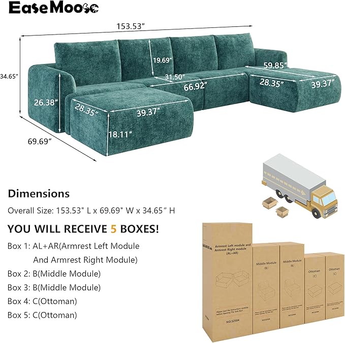 EASE MOOSE Boneless Modular Cloud Couch, Oversized U-Shaped Sectional Sofa for Living Room with Ottoman, Extra Large Movable Couches, 6-Deep-Seat Sofas for Bedroom, Apartment, Chenille (Blue)