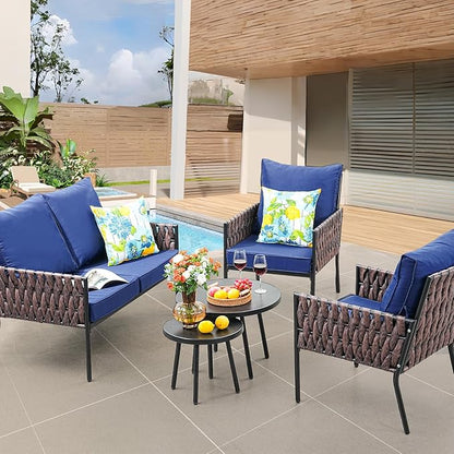 SunloungeCo Patio Furniture Set, 5-Piece Wider Outdoor Metal Seating Sofa with High Back & Lovsest, Coffee Ta ble, All Weather Rattan Conversation for Garden,Backyard, Poolside-Navy