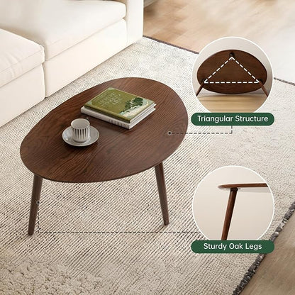 Vadisun Small Oval Coffee Table, 25.6'' Small Mid Century Modern End Table for Living Room, 100% Solid Oak Wood Side Table, Minimalist Display Center Table(Walnut Color, 25.59''Wx17.51''Dx19.68''H)