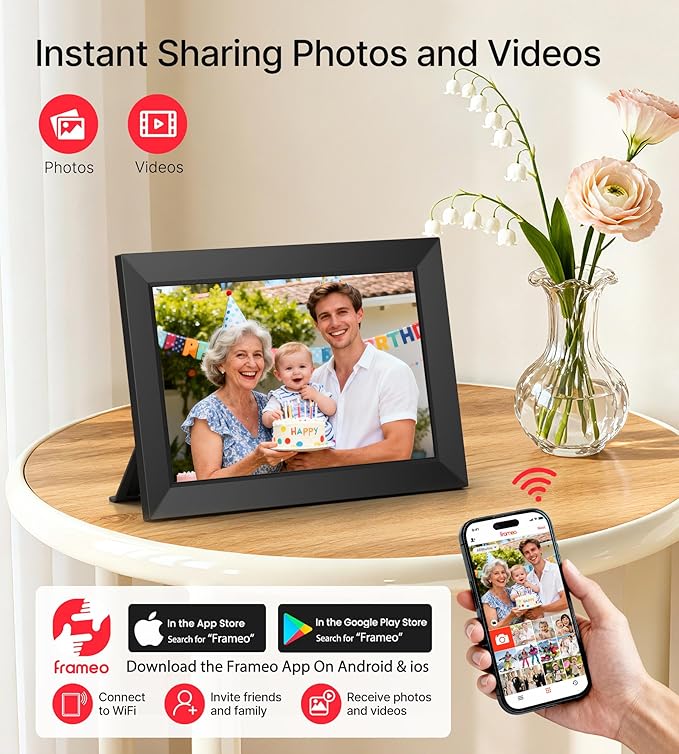 BIGASUO Digital Picture Frame, 10.1" Frameo Digital Frame WiFi