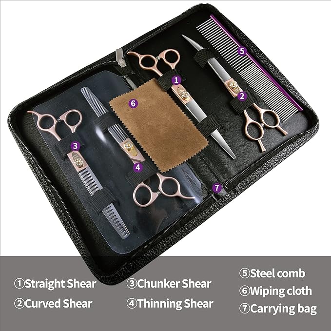 Fenice Peak 8‘’ Professional Dog Grooming Scissors Set Rose Gold 440C Stainless Steel Straight Thinning Curved Chunker Shears 4pcs Set for Pet Grooming Services Dogs and Cats