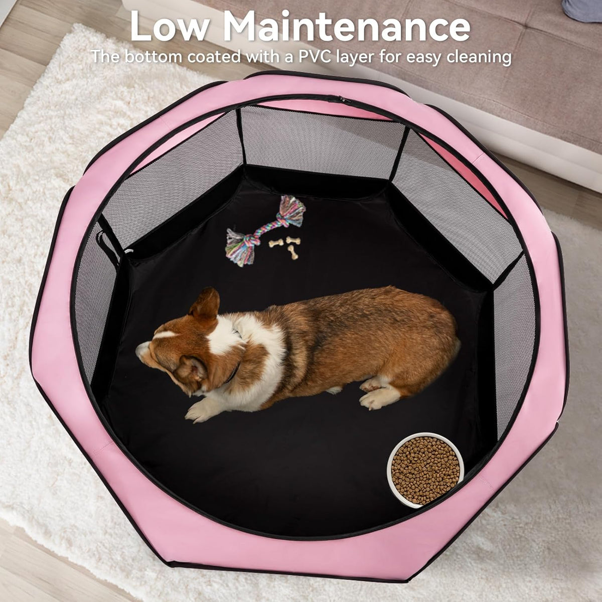 A4Pet Playpen for Dogs Indoor, 49” Dog Playpen Indoor with Bowl, Suitable for Puppies, Kittens, and Small Animals, Removable Zipper & Mesh Panel(19”W × 12”H)