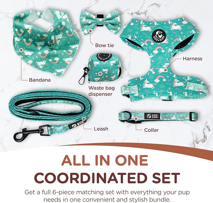 No Pull Harness and Leash Set - 6-in-1 Adjustable Vest Harness and Collars for Medium and Large Dogs. (Tile Unicorn, Medium)