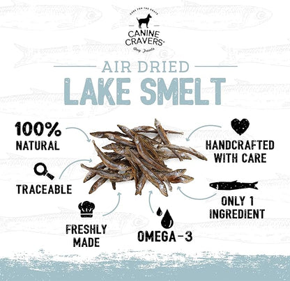 Canine Cravers Single Ingredient Dog Treats – Wild Caught Lake Smelt - Human Grade Air Dried Hypoallergenic Pet Food – Grain, Gluten, and Soy Free – 100% All Natural – 3 oz