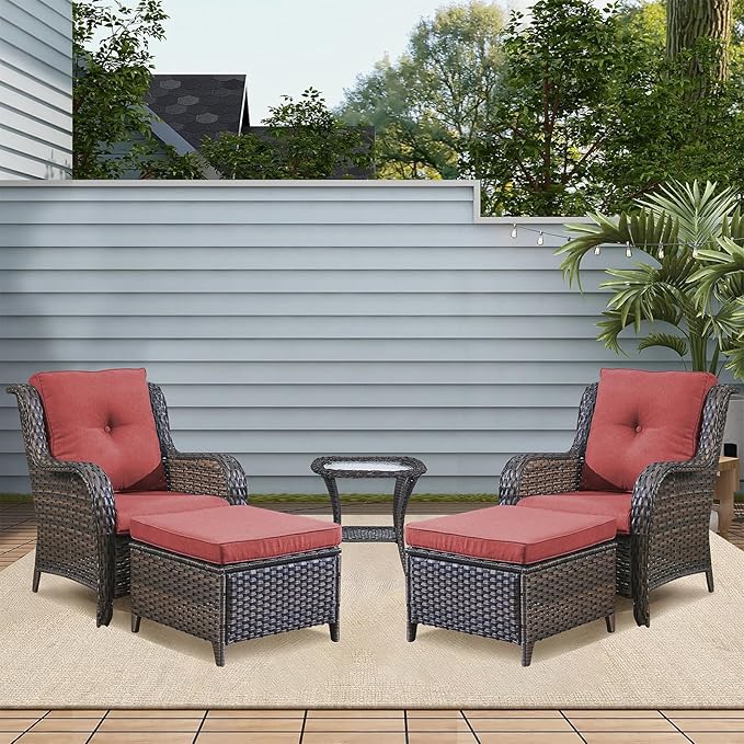 Outdoor Patio Furniture Chairs Set - 5 Piece Wicker Rattan Patio Sectional Conversation Sets with 2 Armrest Chairs,2 Ottomans and 1 Side Table for Porch Deck Balcony Backyard Garden(Brown/Red)