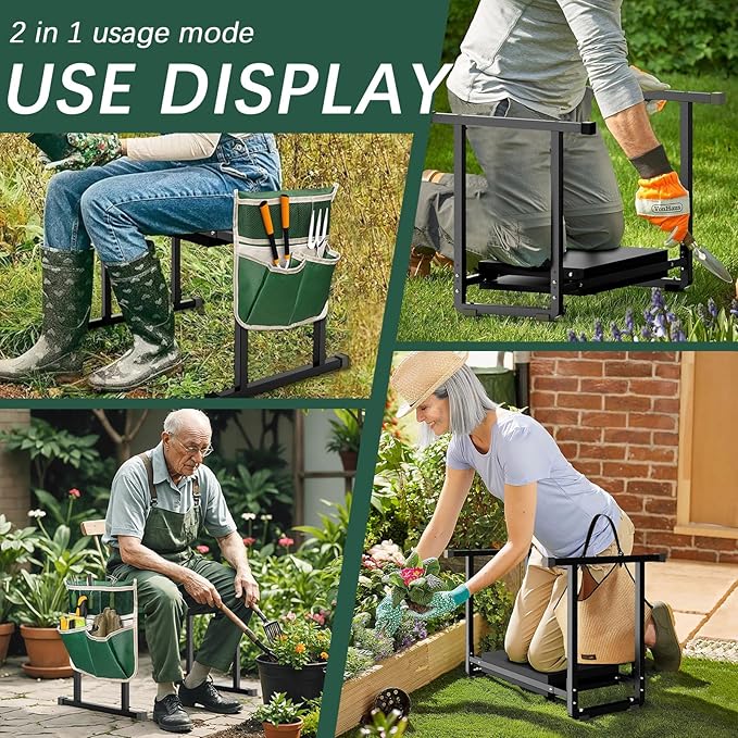 Garden Kneelers Seat, Stable and Save Anti-Tipping Design 10.2" Wider Garden Kneeler and Seat with Handle, Heavy Duty Gardening Stool for Seniors, Gardening Weeding Bench for Gardeners Parents - Black