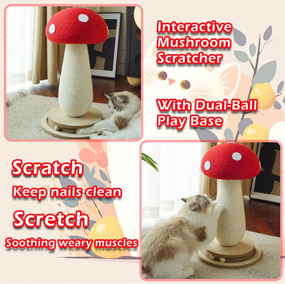 Cat Scratching Post Mushroom Cat Tree with Natural Sisal, Weighted Base & Interactive Ball - for Kittens to Adult Cats - Perfect for Indoor Cats (Red, Large 21 in, 7)