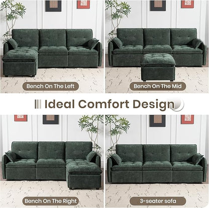 PALLOME 96" Modular L-Shaped Sofa - 3-Seat Cloud Couch with Movable Ottoman, Extra Deep Seat Sofa Couch with Throw Pillows for Living Room & Small Spaces (Green, 3-Seat + Ottoman)