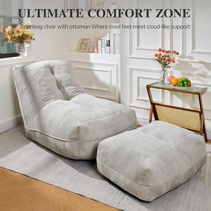 Cvortll Bean Bag Chair with Ottoman, Comfy Bean Bag Sofa with Memory Foam, Lazy BeanBag Sofa with Footstool, Fireside Bean Bag Couch for Living Room, Bedroom, Apartment (Gray)