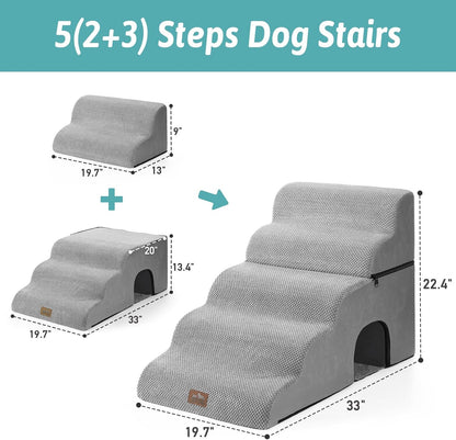 Extra Wide Dog Stairs with Tunnel, Detachable Large Pet Step for Small Medium Dog, Puppy or Cat, Ramp for High Bed, Couch, Sofa or Car, Stable, 19.7x33x22.4 inch, 5 Step, Grey