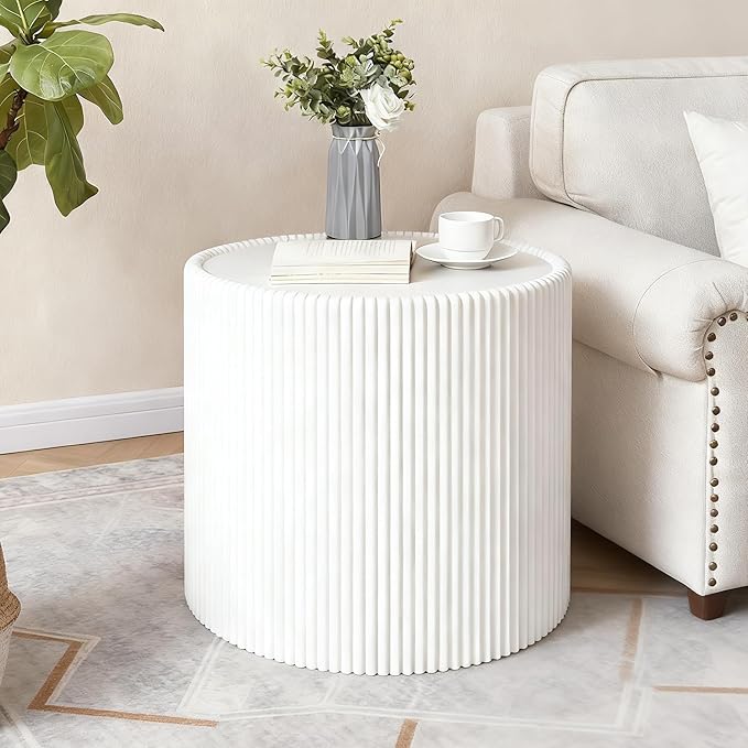 White Round Coffee Table with Sintered Stone Tabletop, 17.71" Drum Coffee Table with Fluted PU Leather Covered and Stable Base, Circle Cocktail Tea Table for Living Room
