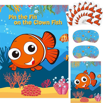 NEBURORA 2 Pack Pin The Fin on The Clownfish Party Game 2 Large 21"x 28" Posters with 48pcs Stickers Ocean-Themed Birthday Party Supplies Decorations for Kids Boys Classroom Game Wall Home Decor