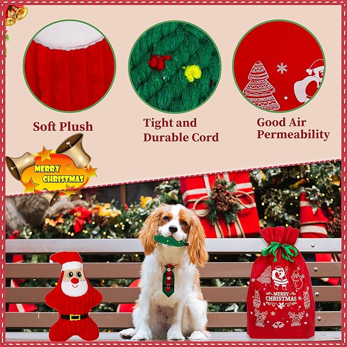 8 Pieces Christmas Dog Chew Toys, Santa Puppy Teething Chew Toys with Adorable Squeaky Toys, Training Ball, Christmas Storage Bag