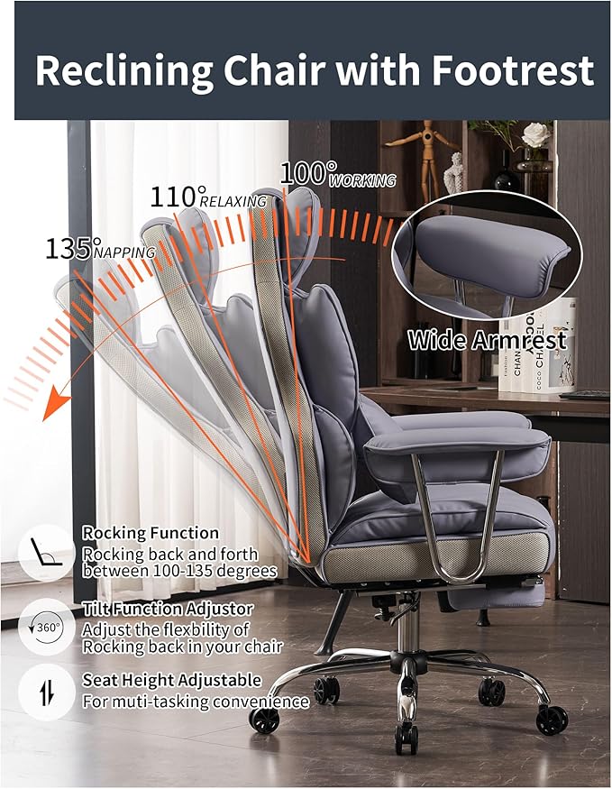 Efomao Big and Tall Office Chair 400LBS, Heavy Duty Executive Office Chair with Foot Rest, Home Office Desk Chairs, Purple Big Tall Computer Chairs