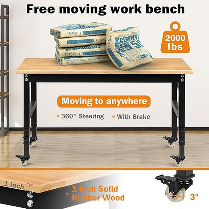 Betterhood 60" Adjustable Workbench on Wheels, Rubber Wood Heavy Duty Workstation with Power Outlets & Pegboard, 2000LBS Load Capacity Hardwood Worktable for Workshop, Garage, Office, Home, Commercial