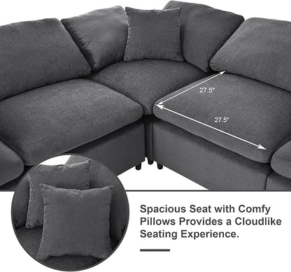 KIVENJAJA 130.3" W Oversized Modular Sectional Cloud Sofa Couch, Large Living Room Furniture Set, 7 Seater Convertible with Ottoman for Large Spaces, Chenille Fabric, Modern Style, Dark Grey