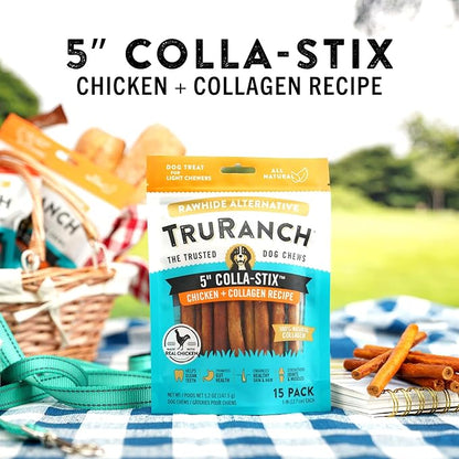 TRURANCH Collagen Sticks - 5" Collagen Sticks for Dogs - Long Lasting Healthy Joint Support Dog Treat - Rawhide Alternative - Skin & Coat Health - Made with Real Chicken, 1 Bag, 15 Count