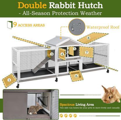 Double Rabbit Hutch Outdoor Indoor Large Bunny Cage with Dual Side Runs, 2-Story Wooden Hutch with 4 Leak Proof Trays, 8 Wheels, Waterproof Roof, Ramp, for Small to Medium Animals