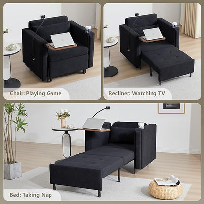ORRD Pull Out Sofa Chair Bed, 2-in-1 Multi-Functional Sleeper Couch Small Loveseat Bed with Hidden Side Table, Phone Holder and Cup Holder for Living Room, Small Space, Apartment (Black)