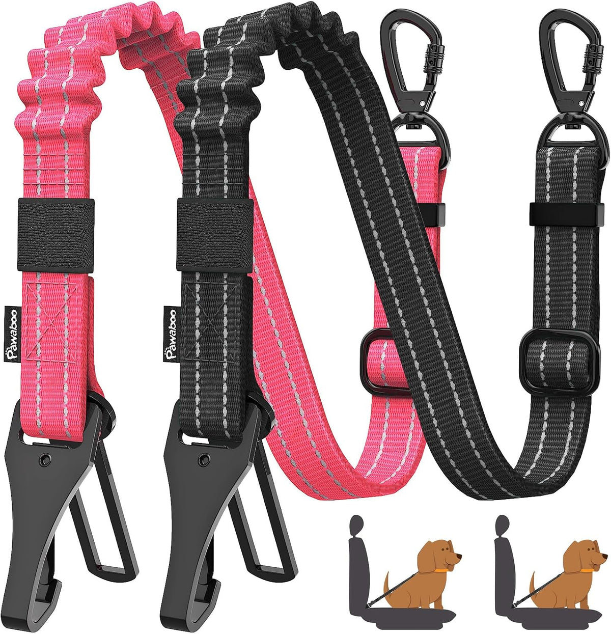 Pawaboo 2Pack Dog Seatbelt for Car, 3-in-1 Dog Car Seat Belt Bungee, Shockproof Dog Tether for Car with Buckle & Hook Latch, Adjustable Reflective Dog Harness Leash with 360° Lockable Buckle, Pink