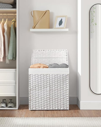 SONGMICS Laundry Hamper with Lid, 110L Clothes Hamper with 2 Removable Liner Bags, 6 Mesh Bags, Wicker Laundry Basket, Double Laundry Hamper for Laundry Room, 13 x 22.4 x 23.6 Inches, White ULCB52WT