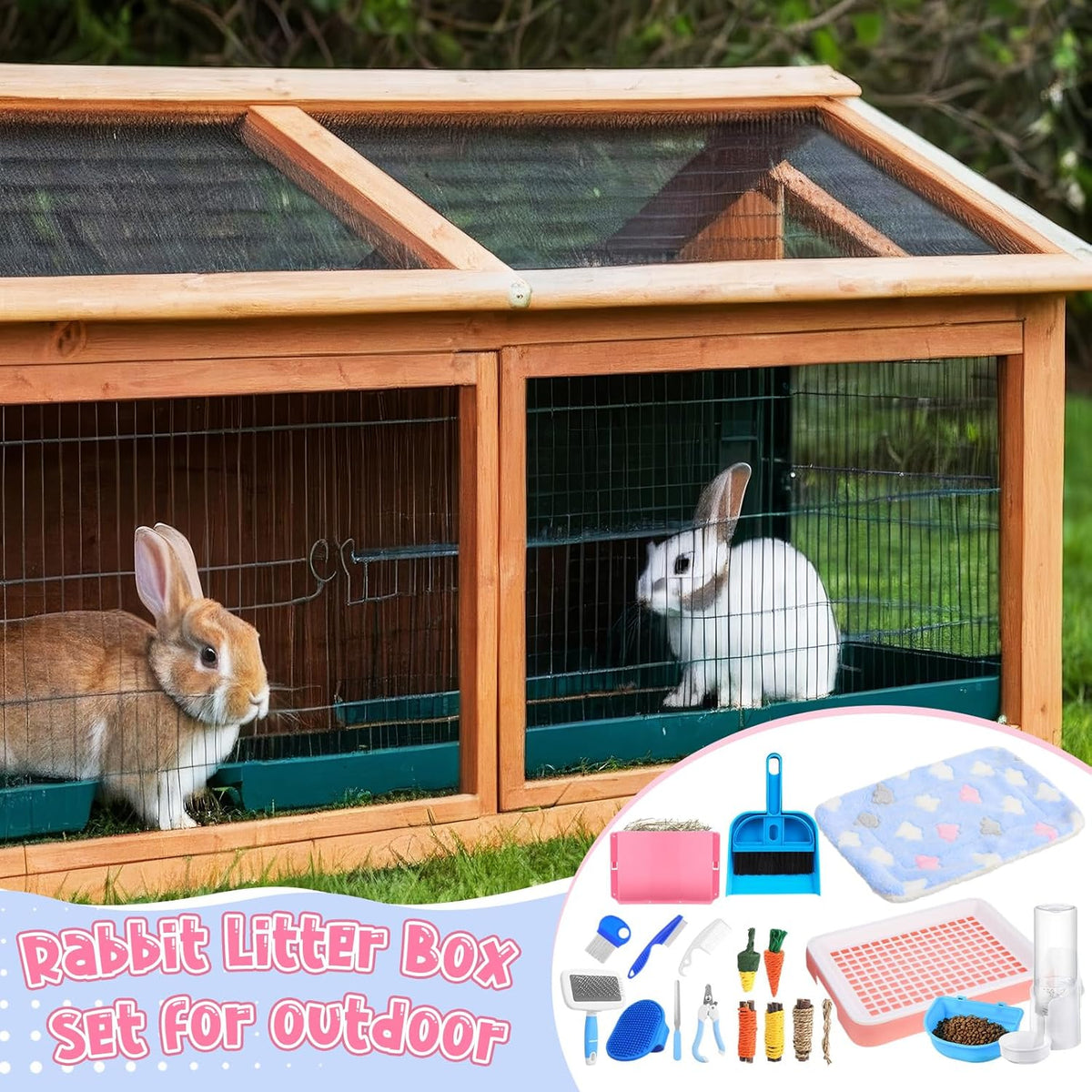 19 Pcs Rabbit Starter Kit Small Bunny Litter Box Rabbit Grooming Kit Water Bottle Bunny Toys Hay Feeder Bowl Blankets with Cleaning Set for Guinea Pig Accessories (Pink-White,Strawberry Bear)