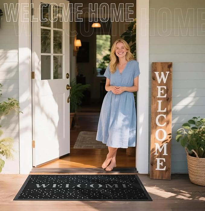 Yimobra Welcome Mat Outdoor Indoor, All-Season Waterproof Front Door Mat Outside Entrance, All-Weather Heavy Duty Non-Slip Doormat, Low Profile Porch Patio Entrance Mats, 47x24, Black