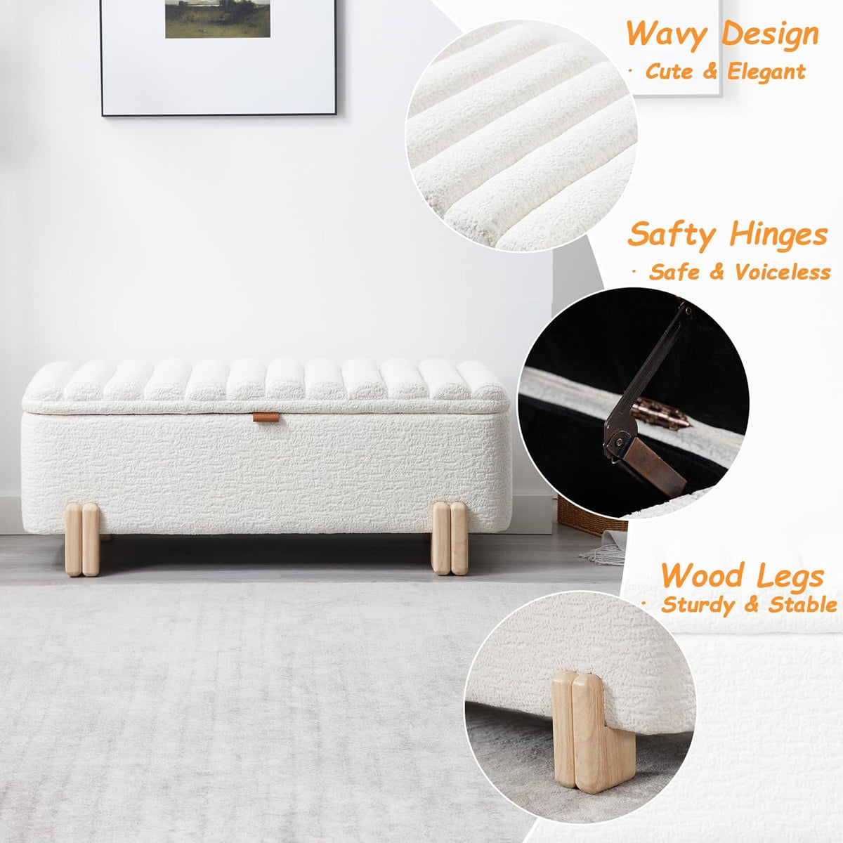 Kmax 45" Storage Bench Faux Fur Entryway Bench Upholstered Ottoman Bench with Wavy Top & Safty Hinge for Bedroom Living Room Hallway, White